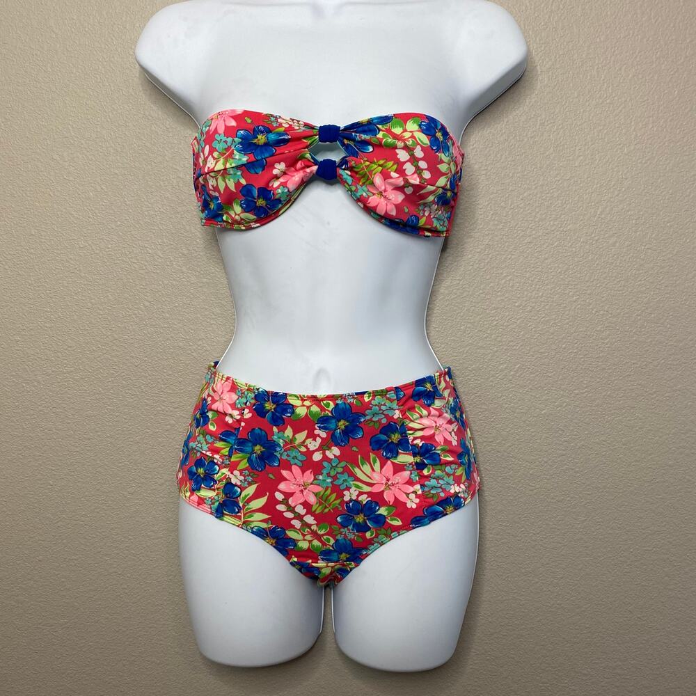 Hollister Bikini Set Women XS Red Floral Bandeau High Waisted Two Piece Swimsuit
